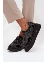 Skórzane Sznurowane Półbuty Damskie Na Platformie Artiker 57C2043 Czarno-Srebrne