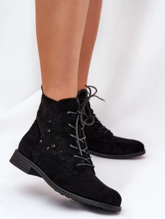 Sznurowane Botki Z Ażurowym Wzorem S.Barski HY51-136 Czarne