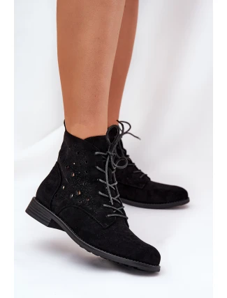 Sznurowane Botki Z Ażurowym Wzorem S.Barski HY51-136 Czarne