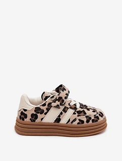 Dievčenské tenisky s leopardím vzorom na suchý zips Beige Satinia