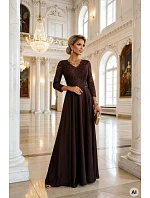309-14 AMBER elegantné dlhé čipkované šaty s výstrihom - čokoládové 309-14 AMBER elegantné dlhé čipkované šaty s výstrihom - čokoládové
