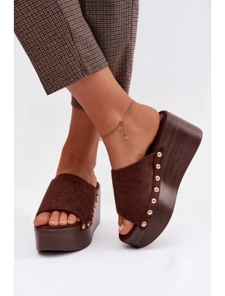 Dámské sandály na platformě se zlatými přezkami Eko semišové hnědé Helivina