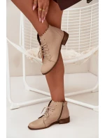 Zazoo 2964 Skórzane Botki Na Płaskim Obcasie Beżowe