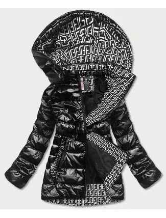 Čierna dámska bunda s ozdobnou podšívkou (XW709X)