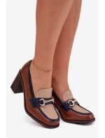 Półbuty Damskie Na Słupku Z Tłoczeniem I Złotym Detalem Beżowo-Brązowe Novella