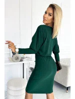 LARA - Dámske šaty vo fľaškovo zelenej farbe so sťahovacími lemami na rukávoch 399-2