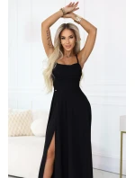 589-5 Maxi šaty bez ramienok s korzetovým zaväzovaním vzadu a rozparkom - čierne