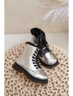 Zateplené dievčenské lakované členkové topánky na zips Silver Novita Zateplené dievčenské lakované členkové topánky na zips Silver Novita