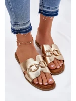 Klapki Damskie Płaskie Z Ozdobnym Detalem Złote Amiresna