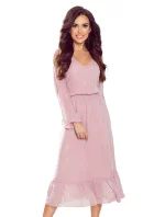 Dámske šifónové midi šaty vo špinavo ružovej farbe s výstrihom a volánikom 304-1