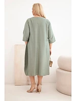 Dámske plus size viskózové šaty s vreckami a krátkymi rukávmi khaki