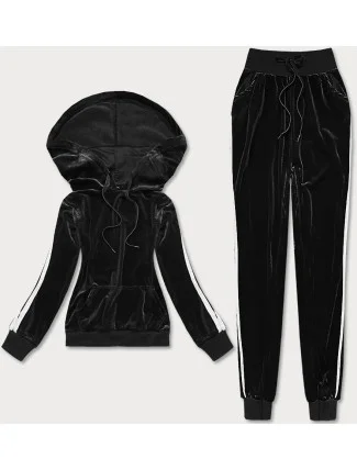 Čierny velúrový teplákový komplet s lampasmi (YP-9964)