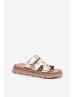 Klapki Damskie Z Naturalnej Skóry Na Platformie Zazoo 40440 Złote