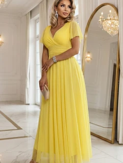 562-8 NASTIA Dlhé šaty so srdiečkovým výstrihom, podšívkou a krátkymi rukávmi - citrónové limoncello