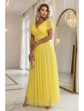 562-8 NASTIA Dlhé šaty so srdiečkovým výstrihom, podšívkou a krátkymi rukávmi - citrónové limoncello