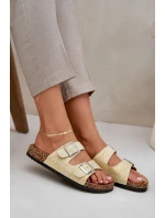 Materiałowe Klapki Na Korkowej Podeszwie Z Klamrami Żółte Atera