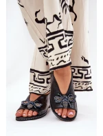 Połyskujące Sandały Damskie Z Ozdobą Płaskie Czarne Russona