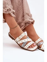 Zdobione Klapki Damskie Na Płaskim Obcasie Z Paskami I Klamrą Białe Manitte