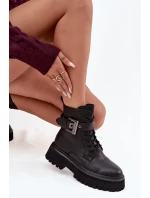 Skórzane Botki Workery Damskie Ocieplane Z Ozdobną Klamrą D&A MK52-032 Czarne