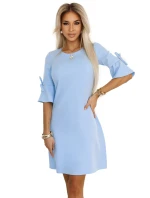 217-11 NEVA Trapézové šaty so zaväzovaním na rukávoch - MODRÉ