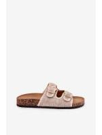 Materiałowe Klapki Damskie Na Korkowej Platformie Z Klamrami Beżowe Osoffe