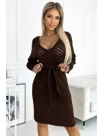 507-3 Azura svetrové šaty s výstrihom a viazaním - CHOCOLATE 507-3 Azura svetrové šaty s výstrihom a viazaním - CHOCOLATE