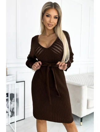 507-3 Azura svetrové šaty s výstrihom a viazaním - CHOCOLATE 507-3 Azura svetrové šaty s výstrihom a viazaním - CHOCOLATE