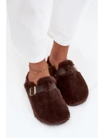 Futrzane Klapki Damskie Na Platformie Z Paskiem I Klamrą Brązowe Noraline