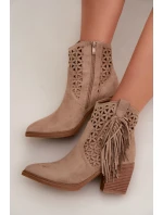 Dámské perforované kožené boty s kovbojským vzhledem na podpätku s třásněmi Béžové Calissey