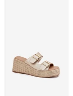 Klapki Damskie Na Koturnie Z Plecionką I Klamrami Złote Pasinea