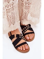 Sandały Damskie Na Płaskim Obcasie Ze Złotymi Ćwiekami Czarne Zanira