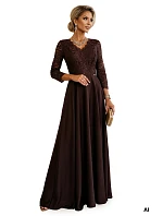 309-14 AMBER elegantné dlhé čipkované šaty s výstrihom - čokoládové 309-14 AMBER elegantné dlhé čipkované šaty s výstrihom - čokoládové