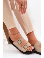 Klapki Damskie Na Platformie Z Klamrami Beżowe Simbes