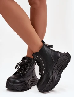 Skórzane Ocieplane Botki Damskie Na Platformie GOE SS2N4301 Czarne