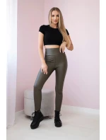 Zateplené nohavice z ekokože v khaki farbe