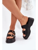Klapki Damskie Na Koturnie I Platformie Z Klamrami Czarne Nitarelia