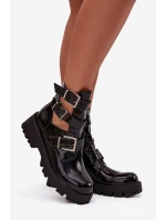 Lakierowane Botki Damskie Z Paskami I Srebrnymi Klamrami Czarne Helisse