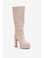 Kozaki Na Słupku I Platformie Z Eko Skóry Jasnobeżowe Felilorn