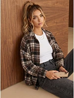 Dámska flanelová košeľa oversize s kockovaným vzorom, hnedá, FashionStreet DY0501