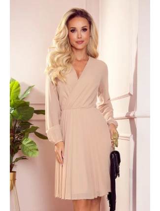 ISABELLE - Béžové dámske plisované šaty s dekoltom a dlhými rukávmi 313-9
