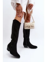 Zazoo 2909 Zamszowe Kozaki Ażurowe Na Niskim Obcasie Czarne