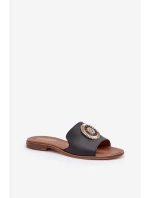 Skórzane Klapki Z Ozdobą Na Płaskim Obcasie Zazoo 3047/O Czarne