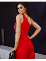 Elegantný overal na jedno rameno so širokými nohavicami v červenej farbe