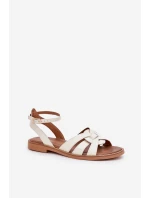 Skórzane Sandały Damskie Na Płaskim Obcasie Zazoo 3688 Ecru