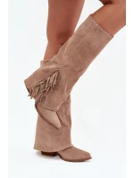 Wsuwane Kozaki Kowbojki Damskie Na Słupku Z Frędzlami Beżowe Zalia