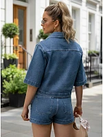 Krátka dámska džínsová košeľová bunda so šatkou, modrá, FashionStreet TY5693 Krátka dámska džínsová košeľová bunda so šatkou, modrá, FashionStreet TY5693