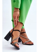 Skórzane Sandały Z Cyrkoniami Na Obcasie Czarne Carlotta