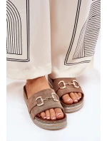 Klapki Damskie Na Platformie Ze Złotą Ozdobą I Brokatem Khaki Morisela