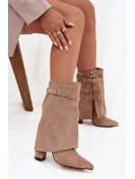 Ocieplane Botki Damskie Na Słupku Z Ozdobnym Paskiem Khaki Luvielle