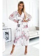 436-2 VALENTINA Midi šaty s výstrihom a opaskom - BIELE S RUŽOVOU 436-2 VALENTINA Midi šaty s výstrihom a opaskom - BIELE S RUŽOVOU